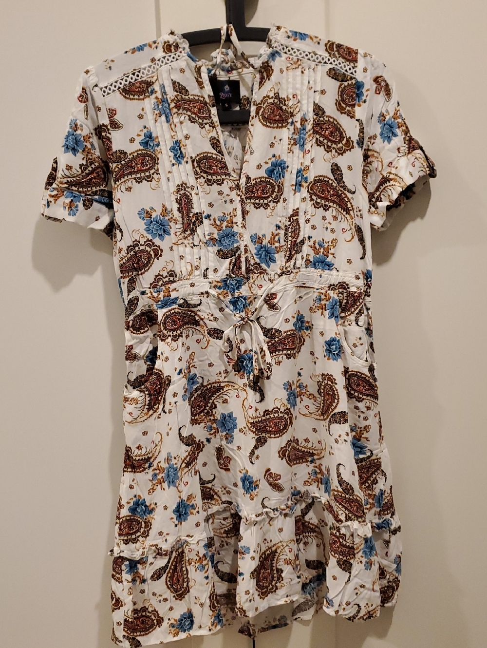 Ziggy-White Paisley Floral Drawstring Mini Dress Super Soft 100% Rayon